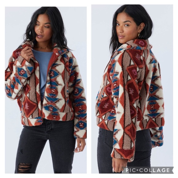 O'Neill Jackets & Blazers - O’Neil Sherpa Teddy Aztec Geo Print Mock Neck Cream Multi Cropped Jacket Size L